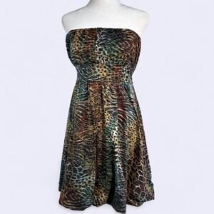Vtg Y2K American Rag Women's L Strapless Empire Waist A-Line Dress‎ Animal Print